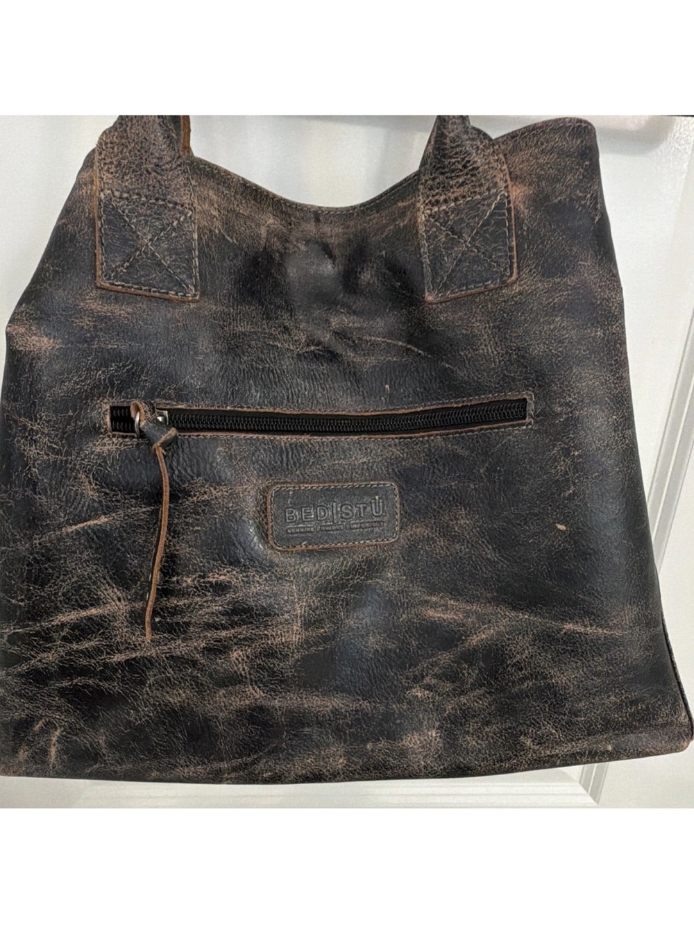 BED|STU Men's Distressed Leather Messenger Tote - Dark Brown - Picture 2 of 7